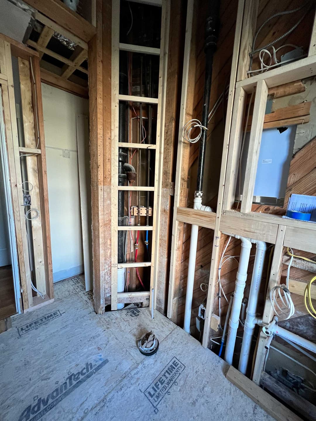 Bath 3 Renovation. New toilet location and closet for towels